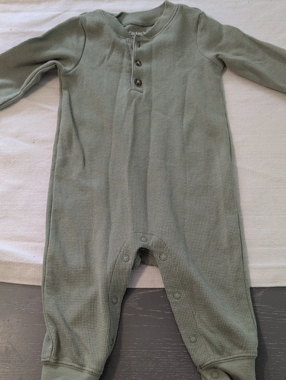 Waffle-Knit Long Sleeve Baby Romper - Sage Green